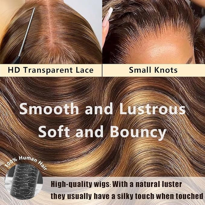 Body Wave Wig 13x6 HD Lace Front Wigs Human Hair Pre Plucked 220 Density Honey Blonde Lace Front Wig Ombre Highlight Wig P4/27 Colored for Women Human Hair Wig 26 Inch
