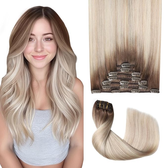 Pro2.0 Clip in Hair Extensions Real Human Hair 20inch 7pcs #8/60/18 Ash Brown to Ash Blonde Mix Platinum Remy Real Human Hair Extensions Clip ins 120g Thick Double Weft（#8/60/18-20inch）