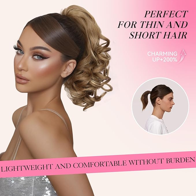 12 Inch Ponytail Extension - Soft Wavy Pony Tails Hair Extensions, Claw Clip Ponytail Extension, Synthetic Hair Extensions Ponytail, Clip in Ponytail (Color: Medium Blonde With Bleach Blonde Ends)