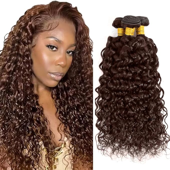 Brown Human Hair Bundles Color 4 Water Wave Bundles 24 24 24 Inch Niegmeag Double Weft Virgin Remy Brown Wet and Wavy Bundle Hair Extensions For Woman