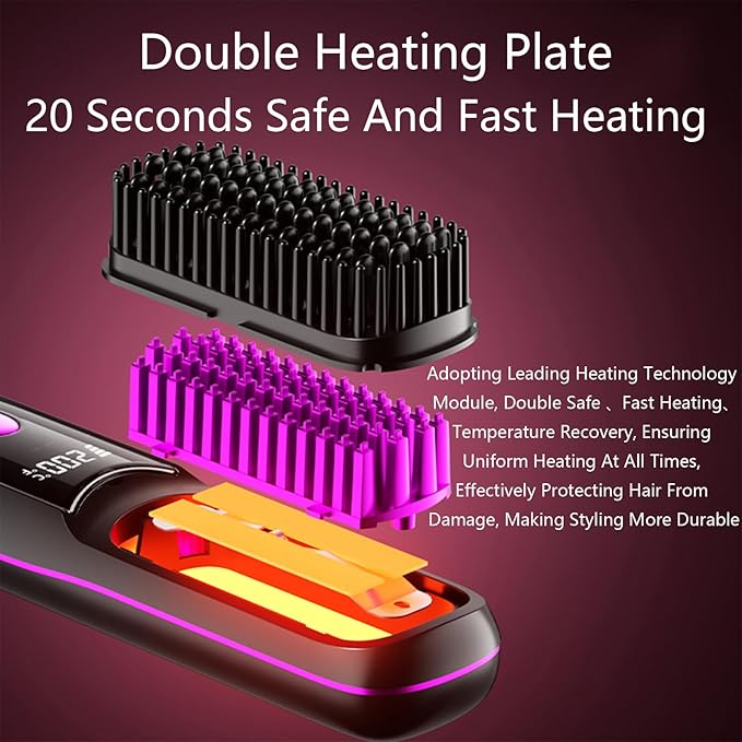 Go Brush Pro Hair Straightener – Cordless Comb with Negative Ion, 7400mAh Fast Heating & Portable Travel Design, Rechargeable Brush for Straightening and Curling (Black-1Pcs)