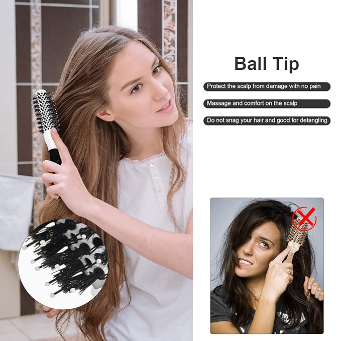 Round Brush for Blow Drying, 1 inch Small Round Barrel Hair Brushes with Ball Tip Boar Bristles, Nano Tech Thermal Ceramic Ionic, Double Edge Razor Comb for Hair Cutting Included