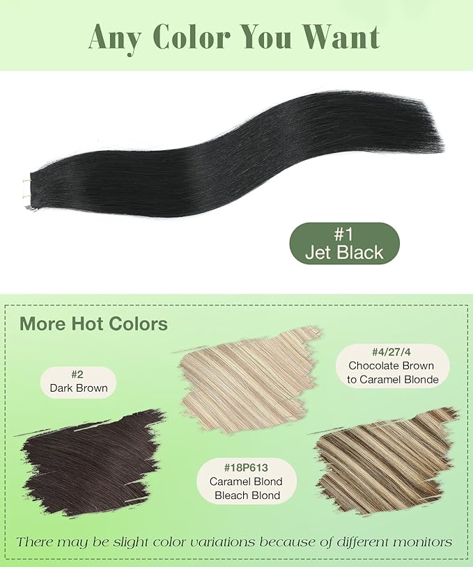 SURNEL 22 inch Tape in Hair Extensions Human Hair Color 1 Jet Black Remy Tape in Hair Extensions 20pcs 50g(#1-22)