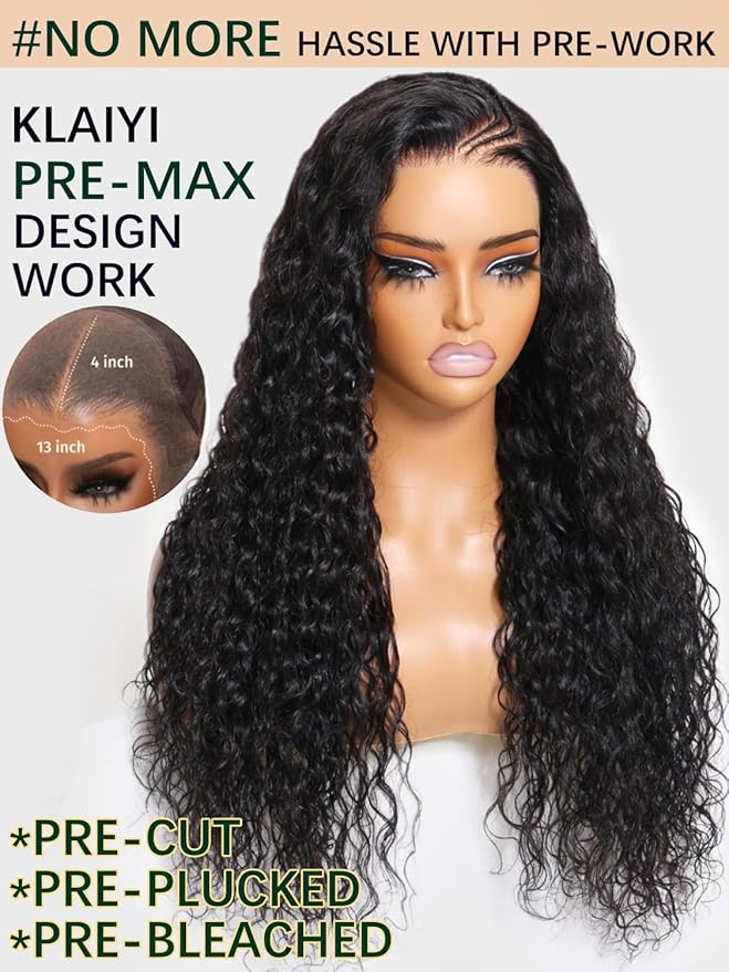 KLAIYI Water Wave Bye Bye Knots Glueless Wig Human Hair 7x5Precut Lace Front Pre Plucked Bleached Wear and Go Wig with Curly Baby Hair Drawstring 3S Ready to Go Pre Everything Beginner Friendly 18Inch
