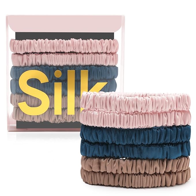 6Pcs Silk Hair Ties Small 22 Momme 100% Pure Mulberry Silk Scrunchies for Women Girls Thin Skinny Hair Sleep Scrunchies No Damage(Color 06)