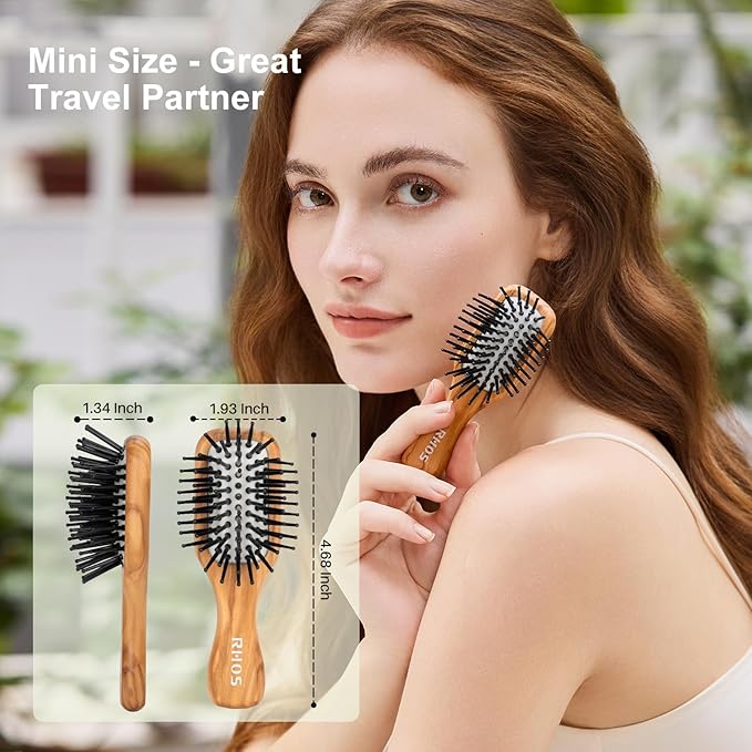 RHOS Mini Hair Brush for Women,Men and Kids-Travel Size Hair Brush for Purse,Pocket,backpack-Small Cushion Paddle Brush with Soft Bristles-Mini Detangler Brush for All Hair Types(1 Pack-Olive Wood)