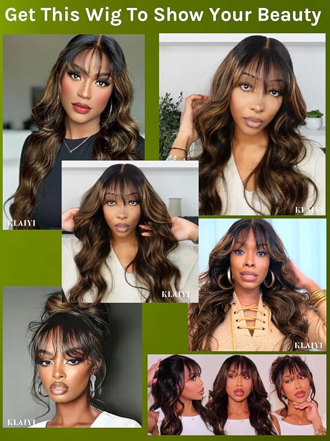 KLAIYI Ombre Brown Loose Body Wave Bye Bye Knots Glueless Precut 7x5 HD Lace Front Human Hair Bang Wig Drawstring Highlight Balayage Brown Pre Plucked Bleached 30S Ready to Wear and Go Wig 180% 24Inch