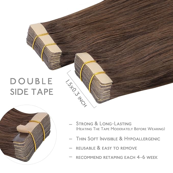 WENNALIFE Tape in Hair Extensions Human Hair, 20pcs 50g 18 inch Chocolate Brown Remy Hair Extensions Straight Human Hair Tape in Extensions Skin Weft Tape Extensions Human Hair