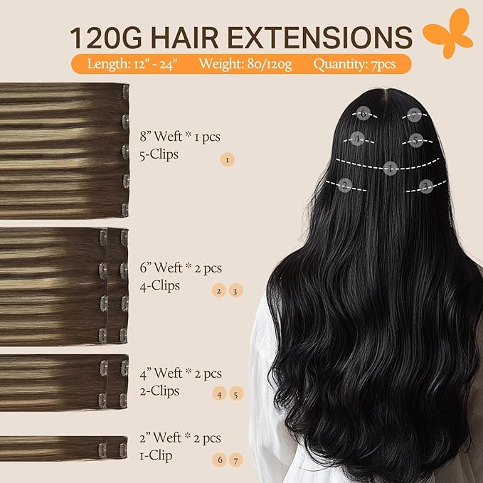 DOORES Clip in Hair Extensions human Hair Balayage Chocolate Brown to Honey Blonde 18 Inch 7pcs 120g Remy Hair Extensions Clip in Straight Natural Hair Extensions Clip in Real Extensions