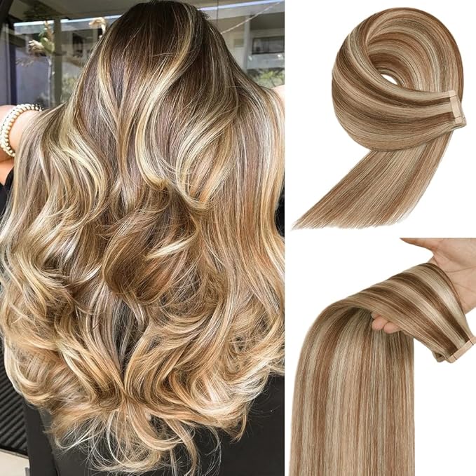 Tape in Human Hair Extensions 20Inch Double Sided Adhesive Tape in Chestnut Brown to Blonde Highlight Remy Hair 20pcs Seamless(P6/613#, 20 Inch)