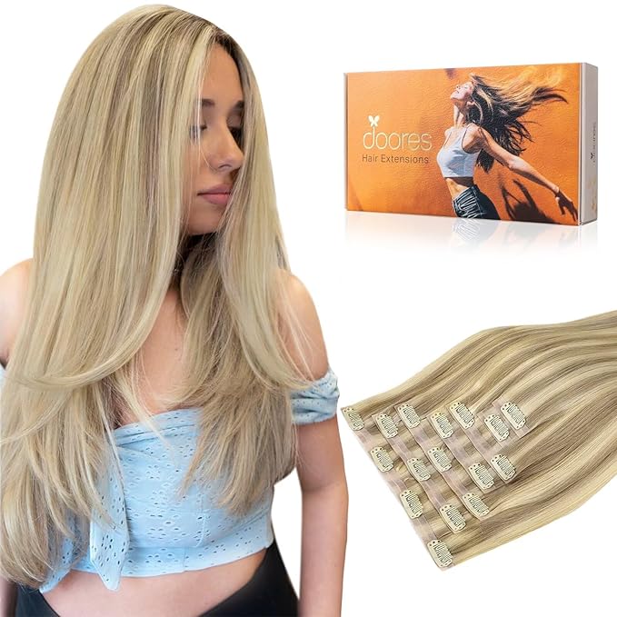 DOORES Hair Extensions Seamless Clip in Real Human Hair, Light Blonde Highlighted Golden Blonde 24 Inch 120g 7pcs, Human Hair Extensions Skin Weft Remy Straight Hair Invisi Edge Hair Extensions