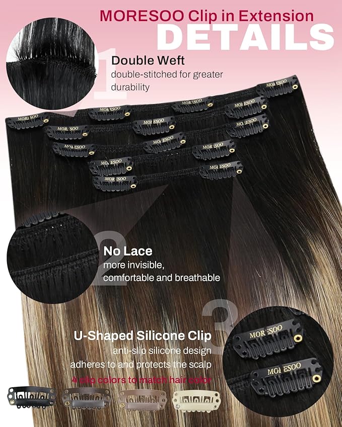 Moresoo Clip in Hair Extensions Real Human Hair Balayage Remy Human Hair Clip in Extensions Ombre Black to Brown with Caramel Blonde 5pcs 80g 14inch