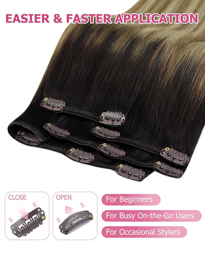 YoungSee Balayage Clip in Hair Extensions Brown Ombre Clip on Hair Extensions Human Hair Dark Roots to Blonde Mix Brown Balayage Real Hair Extension Clip in Human Hair for Thin Hair 18In 120G 7Pcs