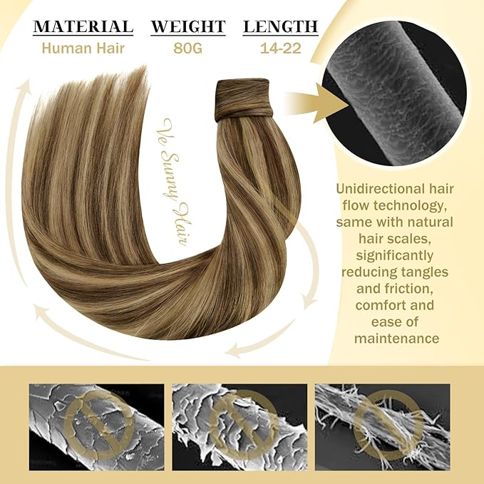 Ve Sunny Hair Extensions Ponytail Real Human Hair Wrap Around Clip in Ponytail Hair Extensions Straight Extensions Human Hair for Women Medium Brown Highlighted Caramel Blonde 22inch 80G 80G