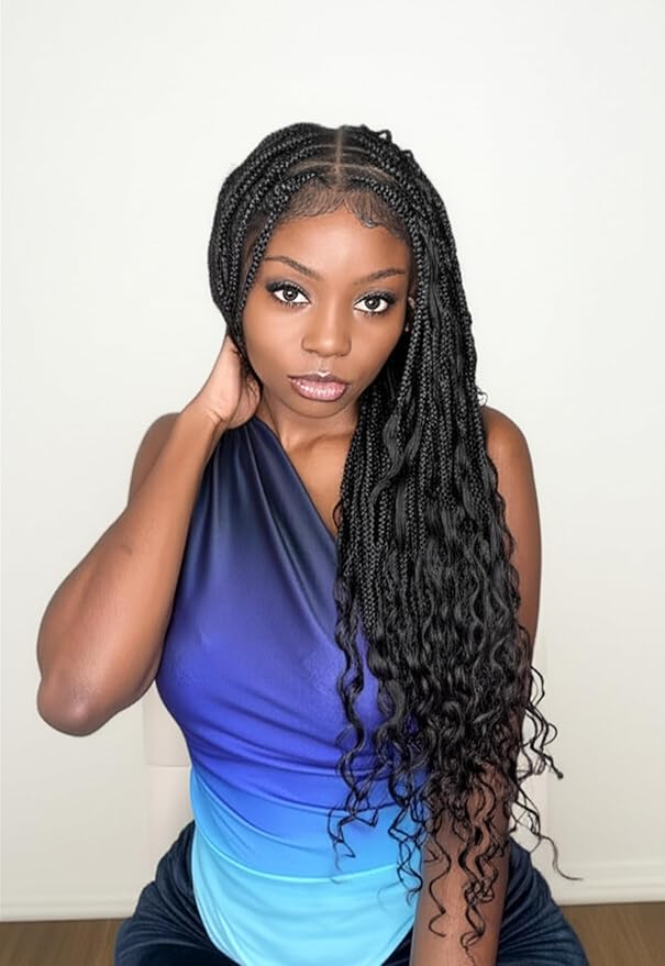 Human Hair Boho Curls Hand-Tied HD Full Lace Wig - 24" Salon-Level Small Box Synthetic Braids (80 Braids, Medium Density) Pre-Cut Swiss HD Lace, Pre-Plucked, Knotless, Tangle-Free - Black 1B