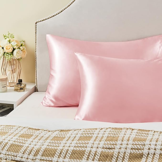 BEDELITE Satin Pillowcase for Hair and Skin, Super Soft and Cooling Similar to Silk Pillow Cases 2 Pack with Envelope Closure, Gift for Women Men(20"x26" Standard Size, Pink)