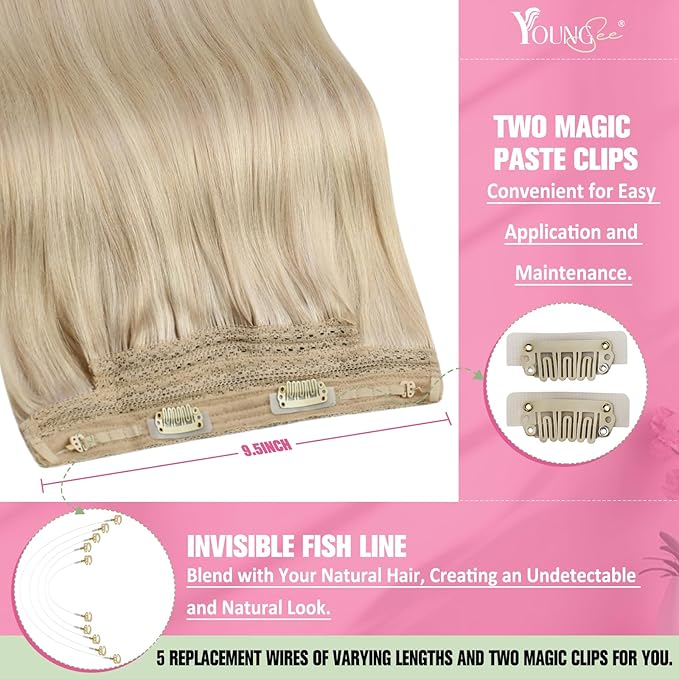 YoungSee 130g Wire Hair Extensions Real Human Hair 22inch Ash Blonde Highlights Bleach Blonde Wire Human Hair Extensions Straight Human Hair Fish Line for Women