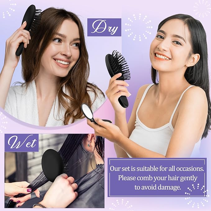 Meanplan 48 Pcs Mini Hair Brush Set 24 Travel Wet Dry Hair Combs Pocket Detangling 24 Compact Folding Makeup Mirrors for Spa Sleepover Birthday Bridal Shower Bachelorette Christmas Party Gift(Black)