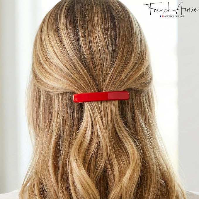 French Amie Rectangular Handmade Small Hair Barrette 2 1/4 Inch with Metal Clasp, Cellulose Acetate Hair Clip Grip for Women & Girls, Strong Hold for Fine Hair, Bangs, and Half-Up Styling (Red)