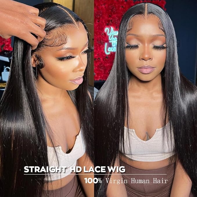 Iris Queen 28 Inch Straight HD Lace Front Wigs Human Hair Pre Plucked 12A 180 Density 13x4 Transparent Lace Frontal Wig with Baby Hair Natural Black for Women
