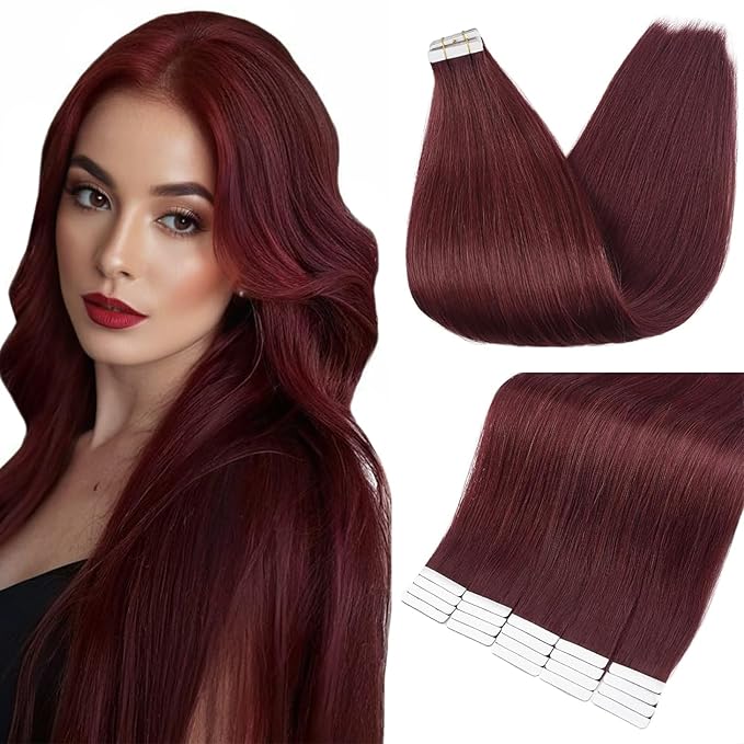Full Shine Invisible Tape in Hair Extensions Human Hair Color 99J Red Wine 24 Inch Tape in Extensions Human Hair 20PCS Hair Extensions Real Human Hair Tape ins 50g for Wedding