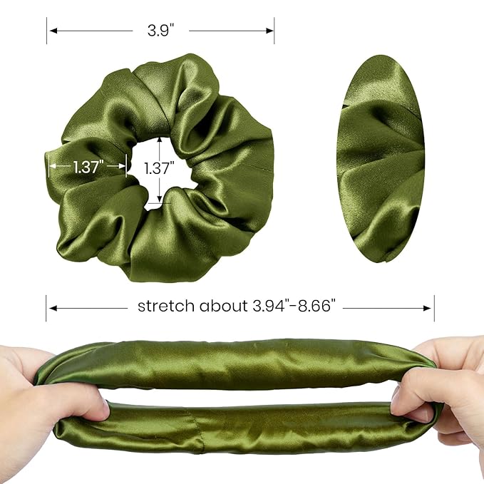 LILYSILK Silk Hair Scrunchies Ties for Frizz & Breakage Prevention 100% Mulberry Elastic Ponytail Holder 5PC (pale green+olive+dark green+avocado+black)