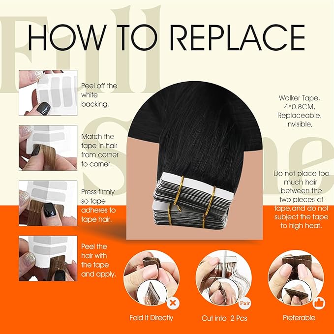 Full Shine Tape in Hair Extensions Real Human Hair 10Inch Remy Seamless Tape in Extensions Color 1B Off Black Natural Human Hair Extension Skin Weft Extensions 30G 20Pcs Invisible Tape ins