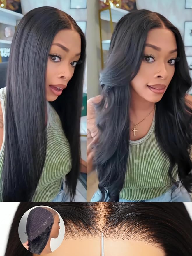 Julia Hair No Slip Yaki Straight 7x5 Lace Closure Glueless Drawstring Wig Flexible Mesh Cap Bye-Bye Slip Pre Cut HD Lace Front Pre Everything Bleached Knots Wear and Go Wig,Zero Slip Hold 18 Inch