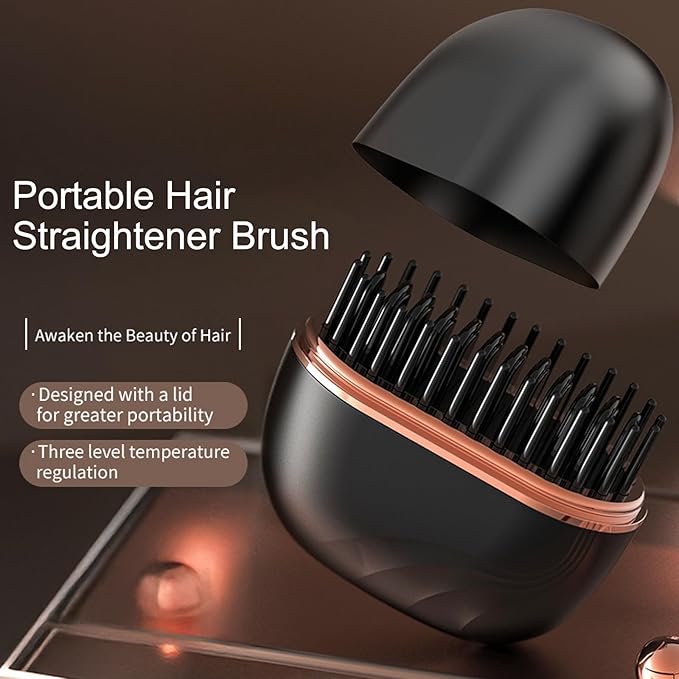 Mini Hair Straightener, Rechargeable Portable Hair Straightener Brush, Fast Heating Hot Comb 3-Speed Temperature Control with Anti Scald Shell for Home Travel