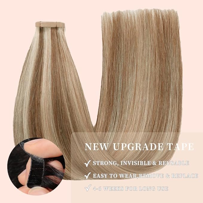 Tape in Hair Extensions Human Hair, Straight Seamless Tape in for Women 20pcs 18inch Invisible Chestnut Brown to Blonde Highlight (P6/613#,18 Inch)