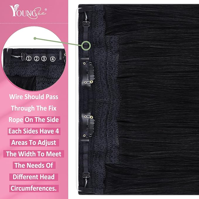YoungSee Invisible Wire Hair Extensions Jet Black Human Hair Wire Extensions Black Fish Line Hair Extension Real Human Hair Easy to Wear 18inch 80g