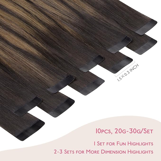 WENNALIFE Tape in Hair Extensions Human Hair Balayage Dark Brown Mixed Chestnut Brown Tape in Extensions, 10pcs 30g 24 inch Remy Invisible Tape Ins Straight Soft Real Human Hair Tape in Extensions