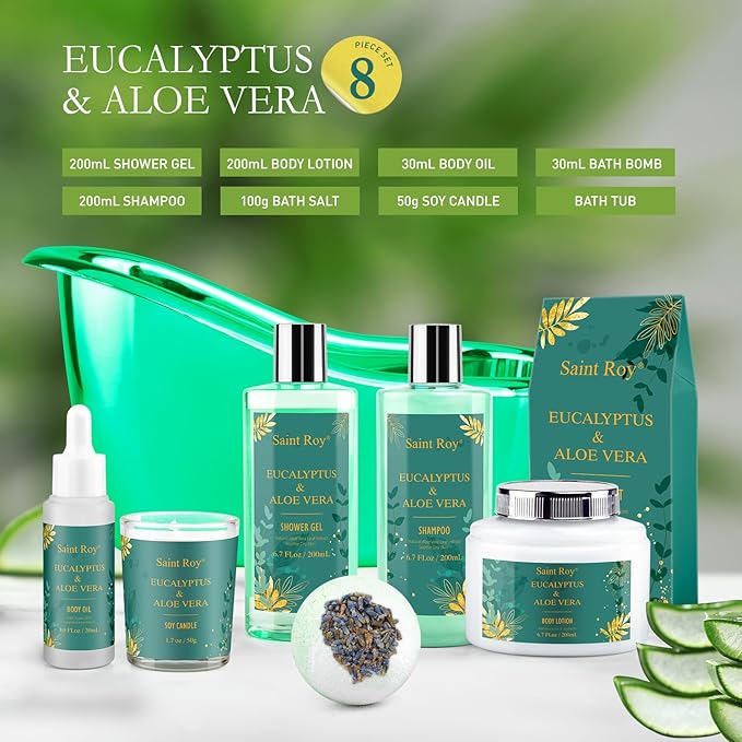 Spa Gift Basket Luxury bath and body Basket, Christmas Gifts for Women Her him, Bath Baskets for Women, 8 pcs Eucalyptus Aloe Spa shower gift, Birthday Gifts bath kit, Self Care Bath Gift Set