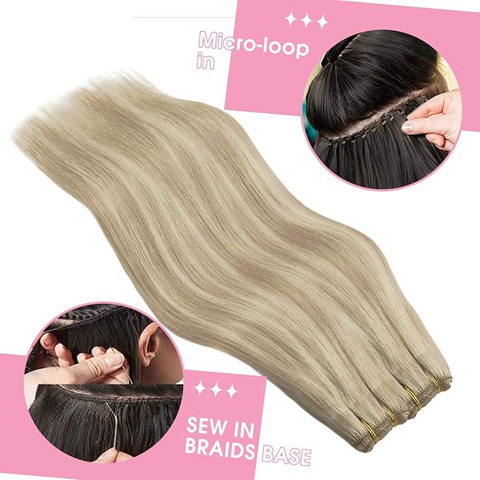 YoungSee Weft Hair Extensions Human Hair Blonde Highlight Human Hair Weft Extensions Warm Ash Blonde Highlights Bleach Blond Soft and Smooth Sew in Bundles Remy Hair 16Inch 100G