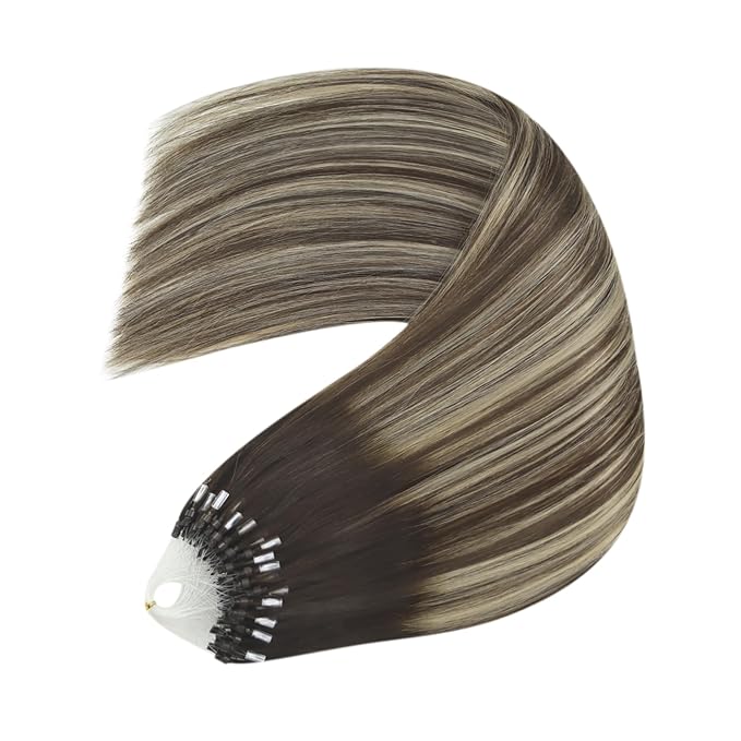 YoungSee Micro Beads Hair Extensions Human Hair Balayage Micro Hair Extensions Human Hair Ombre Dark Brown to Blonde Micro-Loop Hair Extension 14 Inch 50g 50s Bead Hair Extension for Short Hair