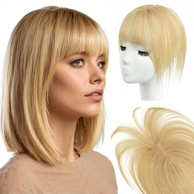 Real Human Hair Topper with Bangs Covers Thinning Crown, Receding Hairline Clip-In Hair Topper for Thinning Hair, 10Inch #27