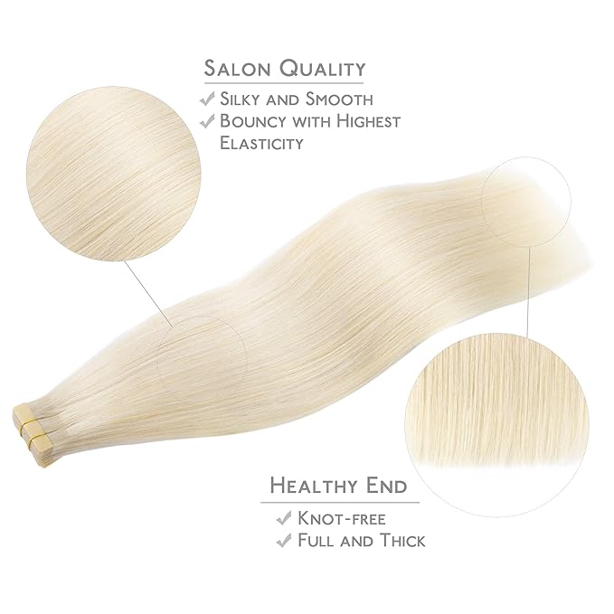 WENNALIFE Tape in Hair Extensions Human Hair, 20pcs 50g 16 inch Platinum Blonde Remy Hair Extensions Straight Human Hair Tape in Extensions Skin Weft Tape Extensions Human Hair