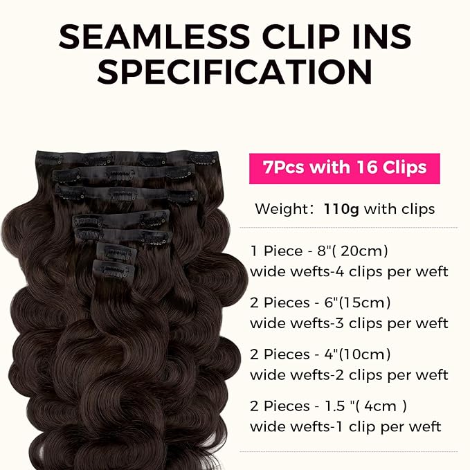 Lashey Seamless Clip in Hair Extensions Human Hair #2 Dark Brown Body Wave Clip in Extensions Real Human Hair 7pcs 110g 16 Inch PU Weft Natural Hair Extensions for Women