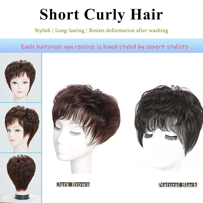 Short Human Hair Topper for Women with Hairloss,Invisible Clip in Texture Wavy Topper Hairpiece with Large Mesh 6.3x7 Ins and Silk Top Base Natural Fluffy Wiglet Hairpiece Natural Black