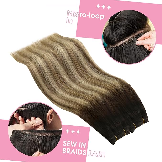 YoungSee 100g Weft Hair Extensions Human Hair Balayage Brown Human Hair Sew in Extensions Darkest Roots to Medium Brown with Blonde Hand Tied Weft Hair Extensions Straight Hair 14inch