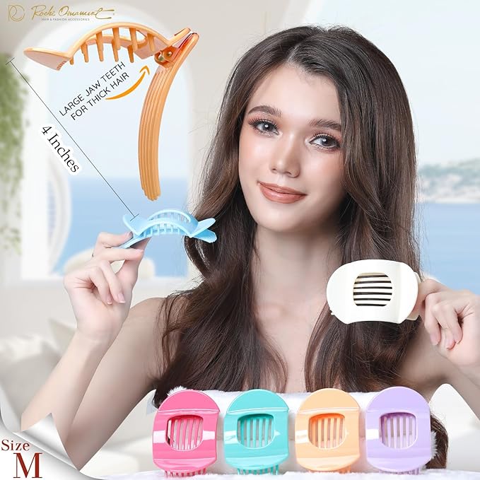 RC ROCHE 6 Pcs Flat Claw Hair Clips for Women Thick Hair French Round Duckbill Square Secure Strong Hold Grip Clamps Barrettes Curved No Slip No Crease Plastic Styling Cute, Medium Pastel