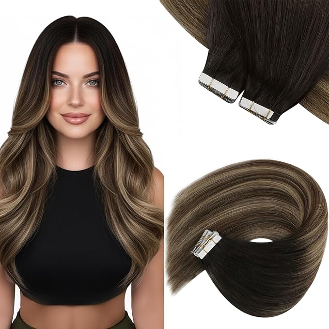 Sunny Hair Tape in Hair Extensions Human Hair, 14 Inch 40Pcs Remy Tape in Extensions Black Balayage Brown Ombre Ash Blonde Hair Extensions Tape in 100g