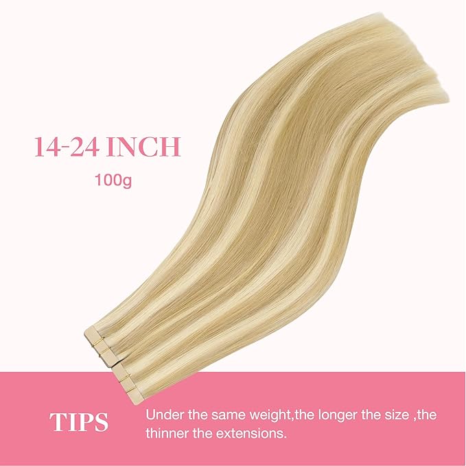 GOO GOO Tape in Hair Extensions Human Hair, 18D/22F Dirty Blonde Highlights, 24inch 100g 40pcs, Skin Weft Seamless Invisible, Silky Straight with Thick Ends, Remy Human Hair