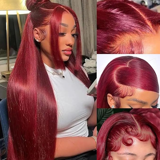 99J Burgundy Lace Front Wigs Human Hair 200 Density Straight 13x6 HD Transparent Lace Frontal Wigs Human Hair 22 Inch