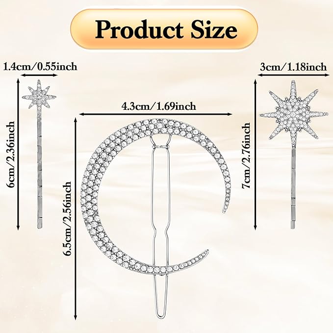 6 PCS Moon Star Hair Clips, Silver Hair Accessories, Vintage Hairs Clips, Silver HairPins, Star Hairs Clip Set for Women