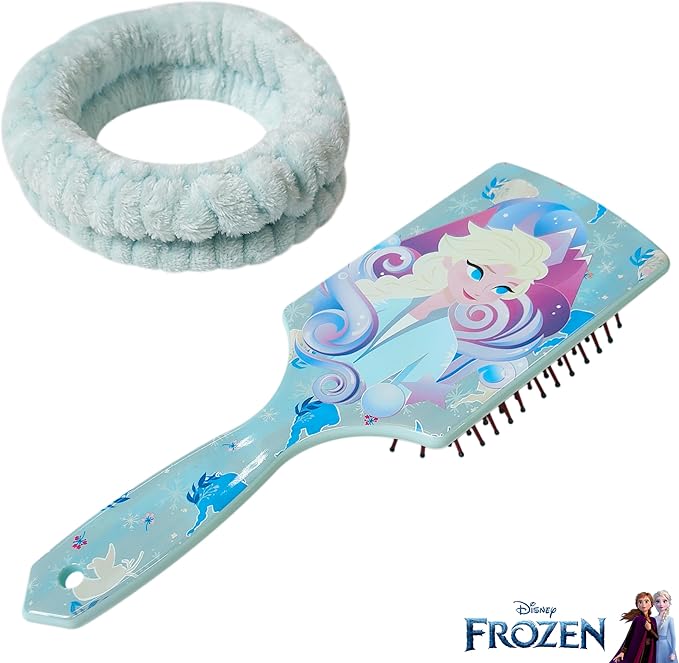 LUV HER Frozen Kids Hair Brush & Spa Headband Set for Girls - Features Elsa - Fun Grooming Kit for Detangling, Styling & Skincare - Soft & Stretchy, One Size, Ages 3+