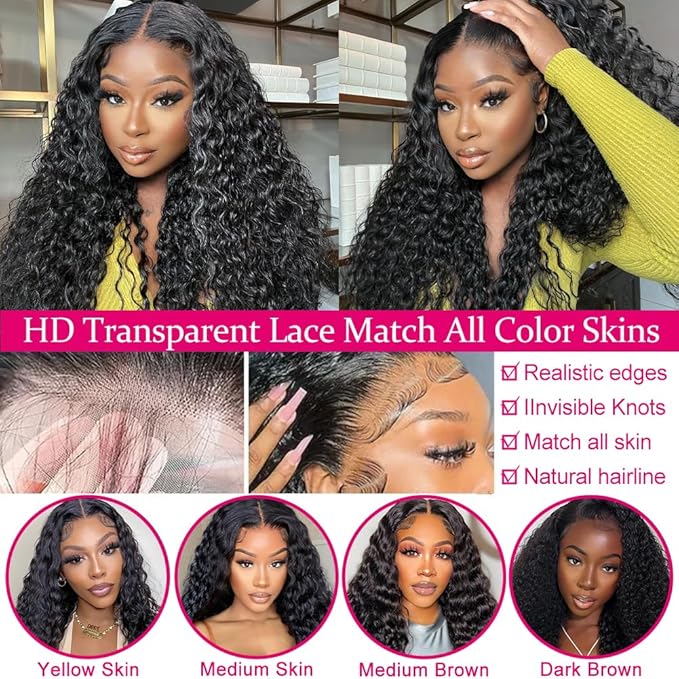SOSATISFY Deep Wave Lace Front Wigs Human Hair 4x4 HD Transparent Lace Closure Wigs Glueless 180% Density Human Wigs for Black Women Pre Plucked with Baby Hair (24 inch)