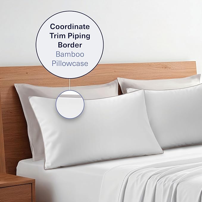 Kickoff Viscose Bamboo Pillowcase, King, Set of 2, 100% Organic Hidden Zippered Viscose Bamboo Pillow Case King Size, Cooling Pillow Cover for Hot Sleepers (20"x40", Trimmed, Dove Grey)