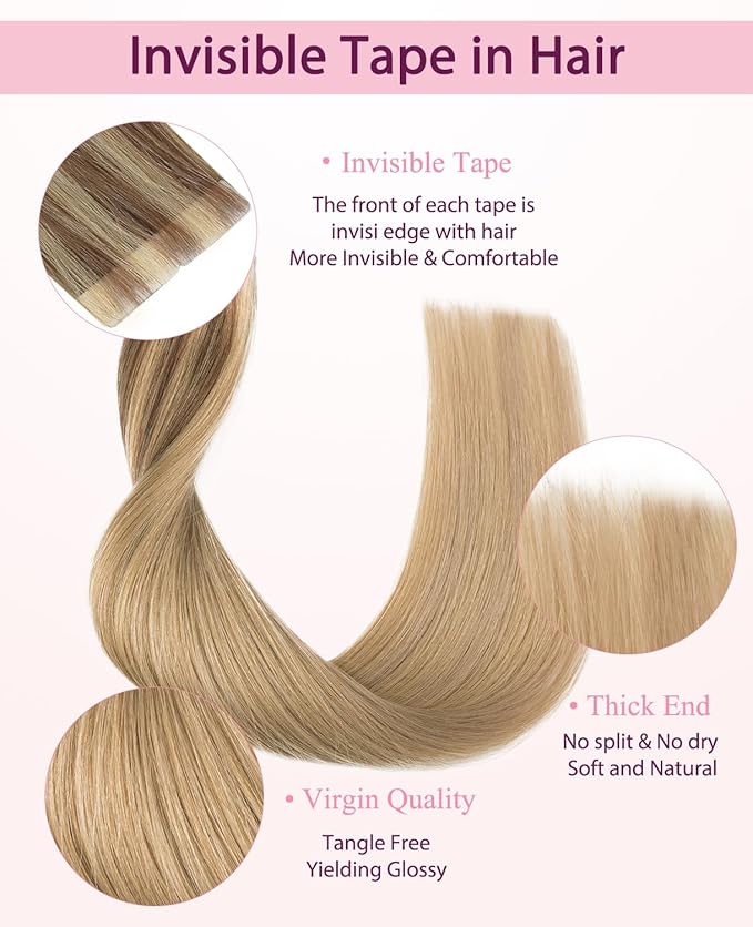 Pinkpearl Invisible Tape in Hair Extensions Human Hair, 20pcs 20inch 55g #10/27/27 Golden Brown to Caramel Blonde Injection Tape in Extensions Real Remy Seamless Human Hair Injected