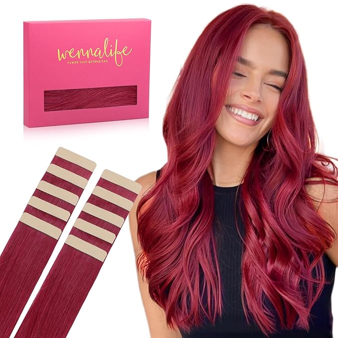 WENNALIFE Tape in Hair Extensions Human Hair Burgundy Red Tape in Extensions, 10pcs 20g 12 inch Remy Invisible Tape Ins Straight Colored Soft Real Human Hair Tape in Extensions Refill Set Extensions
